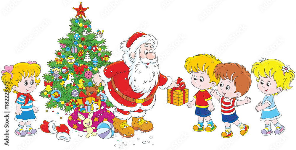 Santa Claus giving Christmas presents to little children
