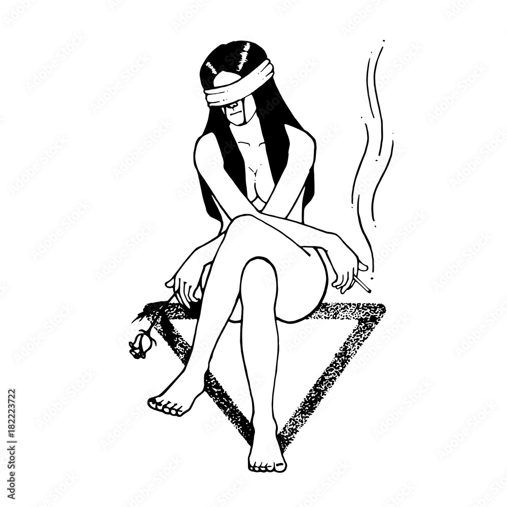 sad girl sit down on triangle symbol. right hand with cigarette. left hand  rose flower holder. and blindfold. vector illustration hand drawing. tattoo  design. symbol of disappointment courtesan. sex. Векторный объект Stock |