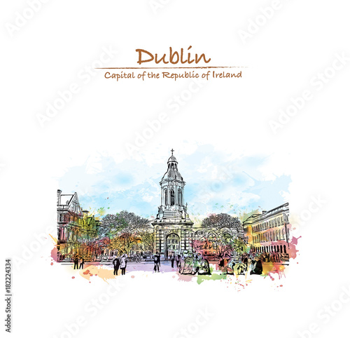 Photography Watercolor splash with hand drawn sketch of Trinity College, Dublin, Ireland in vector illustration