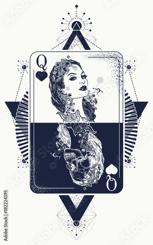 Queen tarot cards, success and defeat, casino, poker tattoo. Queen playing card tattoo and t-shirt design. Beautiful girl and queen skeleton, Gothic playing card. Symbol of gamblings