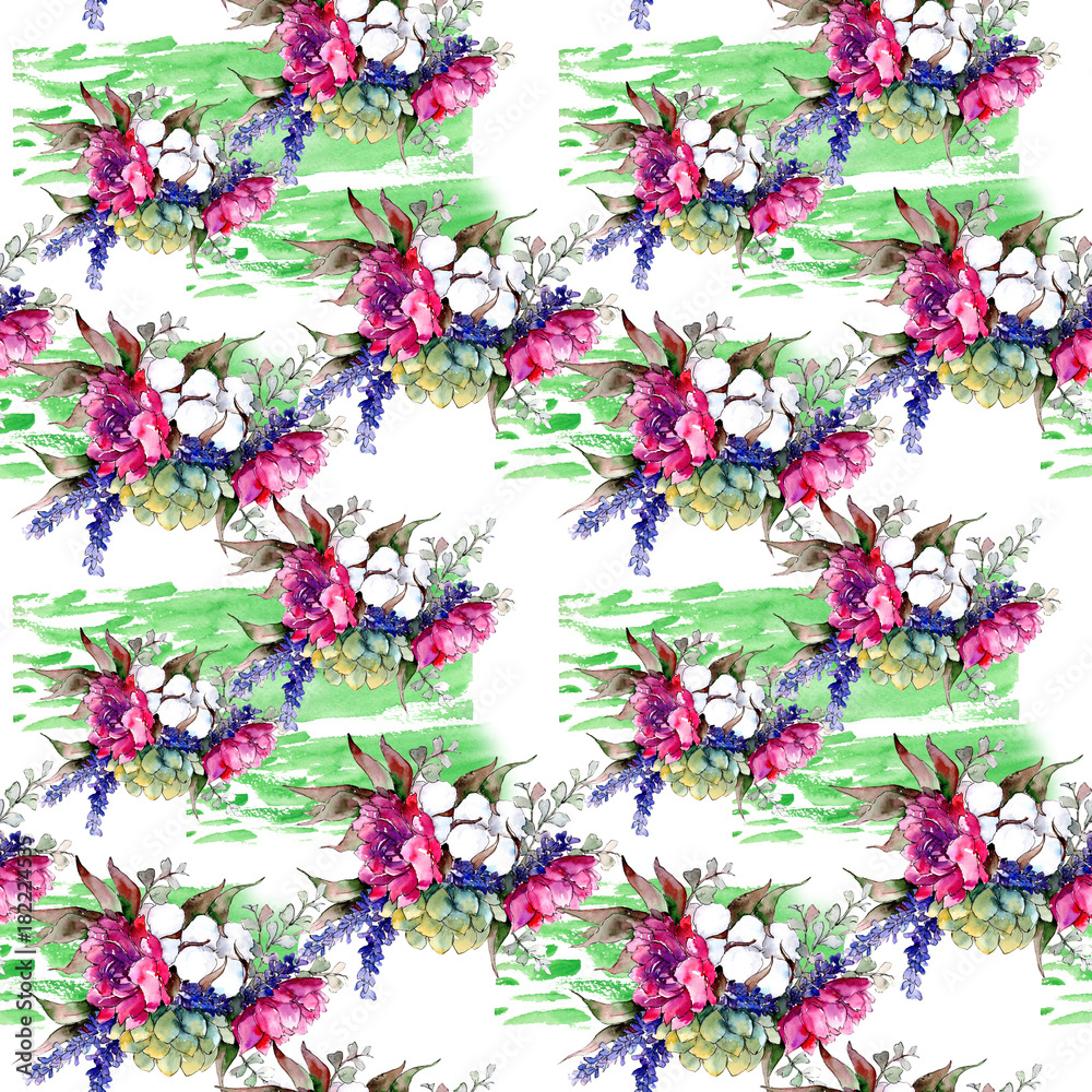 Bouquet flower pattern in a watercolor style. Full name of the plant: peony. Aquarelle wild flower for background, texture, wrapper pattern, frame or border.