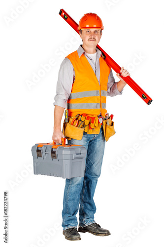 construction worker in a helmet with toolbox