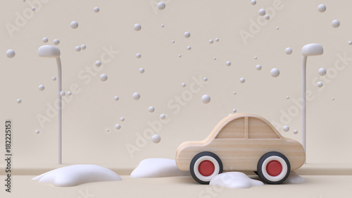 abstract car on road wood toy winter new year concept 3d rendering