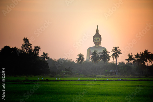 Big Buddha statues with green fields, Egret, cottages and coconut trees are foreground in the evening have orange light. Copy space photo