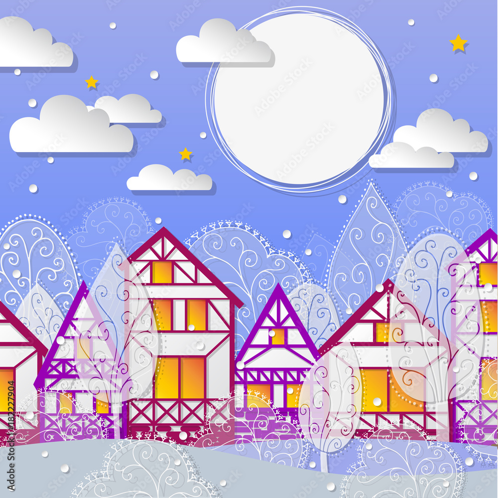 winter night background with houses and moon winter night background with houses and moon