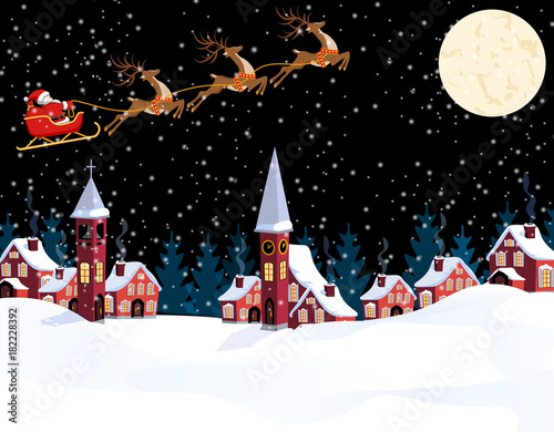 New Year Christmas. An image of Santa Claus and deers. Winter city on the eve of the New Year. Snow, the moon, the chapel, the town hall. illustration