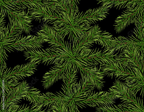 New Year Christmas. Green tree branch close-up on a dark background. Seamless pattern. Isolated Illustration