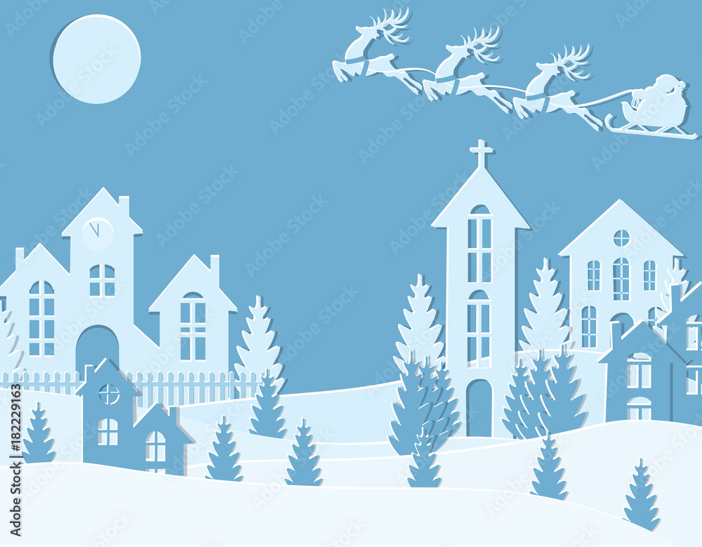 New Year Christmas. An image of Santa Claus and deer. Winter city. on New Year s Eve. Snow, moon, trees, houses, temple. illustration
