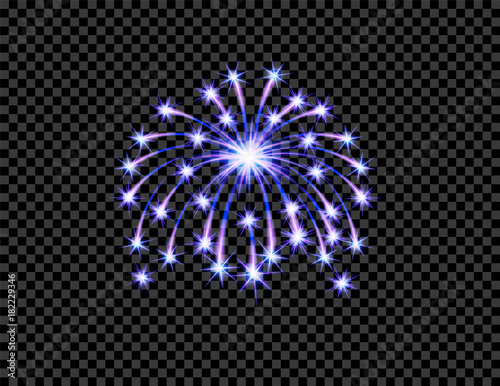Festive purple firework salute burst, flash on transparent checkered background. Isolated illustration