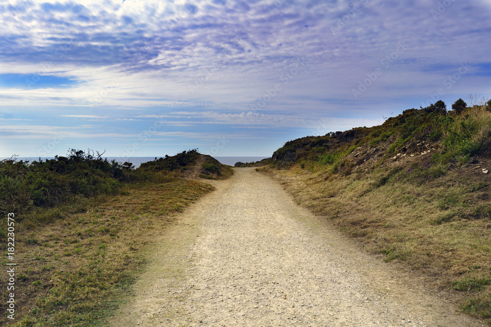 Perspective of a dirt road between rocks by the sea and with green and yellow grass and a cloudy sky with the Atlantic ocean in the background