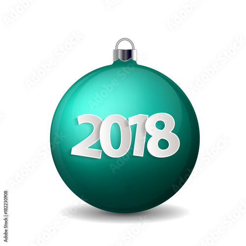 Xmas and New Year 2018 concept. Realistic turquoise christmas ball with silver holder isolated. Vector illustration