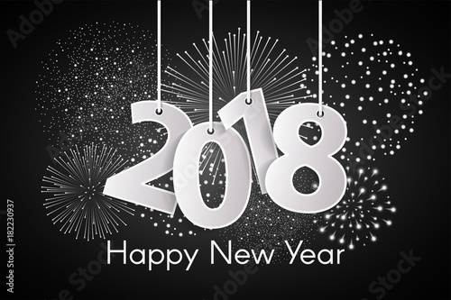 Happy New Year 2018 concept with paper cuted white numbers on ropes with fireworks. Vector illustration
