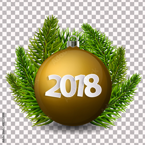 Xmas and New Year 2018 concept. Realistic turquoise christmas ball with silver holder and christmas tree branches isolated. Vector illustration