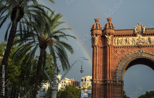 Rainbow over the Arc de Triomphe in Barcelona.