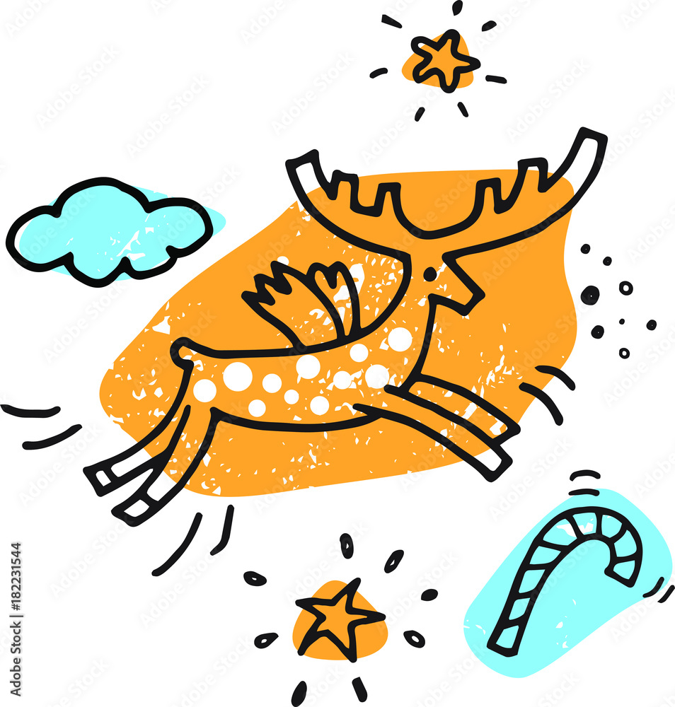 Illustration of a flying Christmas reindeer on the background of clouds and stars. Line graph of manual work. For invitations, posters, postcards, children's interior
