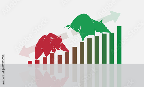 Vector of bull and bear symbols of stock market trends. The growing and falling market. Wild Animals.