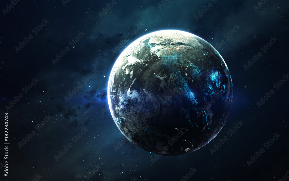 Naklejka premium Science fiction space visualisation. Planetary system thousands light years far away from Earth. Elements of this image furnished by NASA