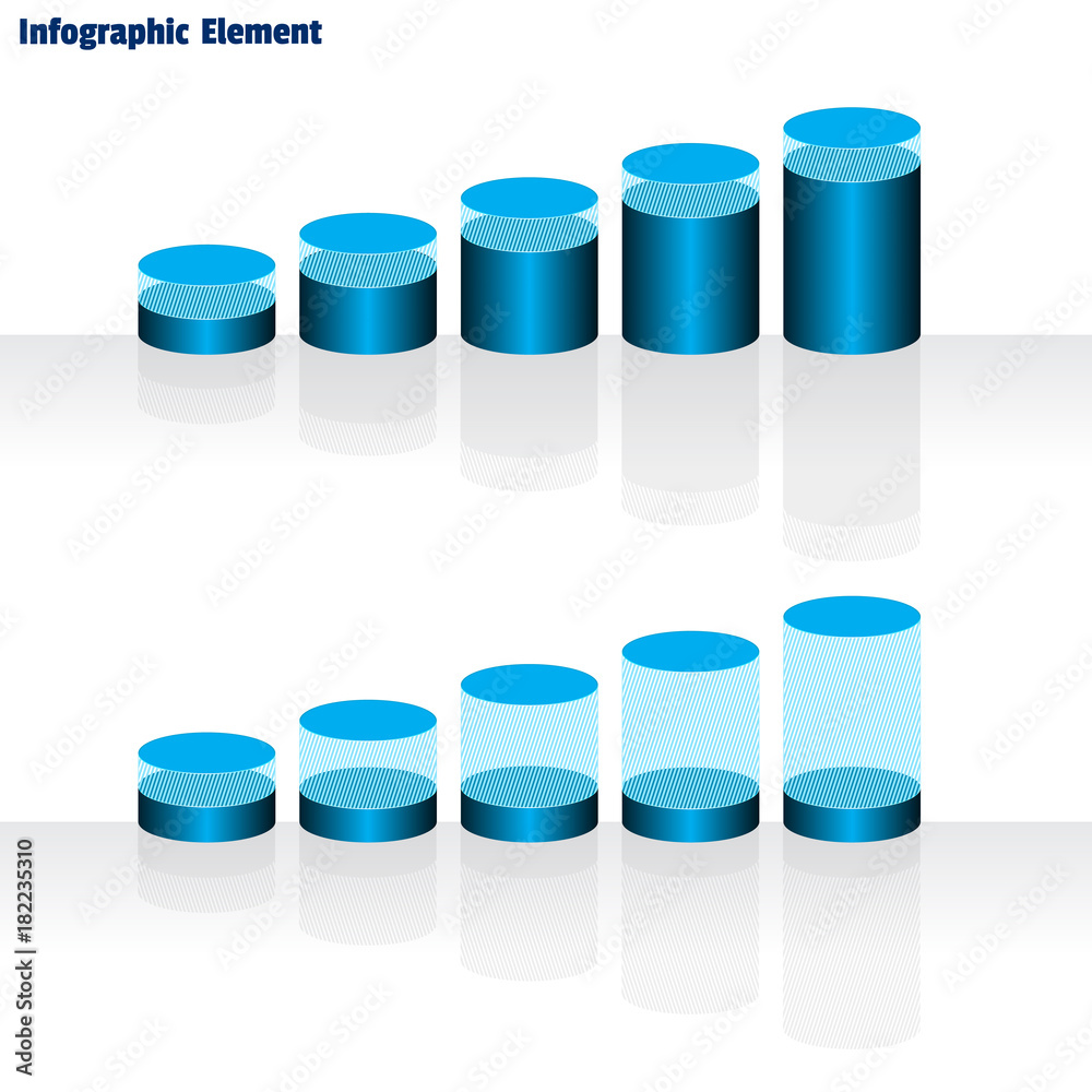 Set of blue growing cylindrical diagrams. Business data, colorful elements for infographics. For