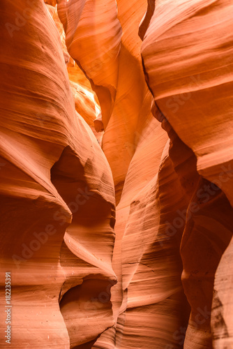 Upper Antelope Canyon. Natural rock formation in beautiful colors. Beautiful wide angle view of amazing sandstone formations. Near Page at Lake Powell, Arizona, USA