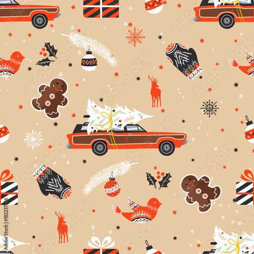 Merry Christmas seamless pattern with christmas tree on car and decorative elements