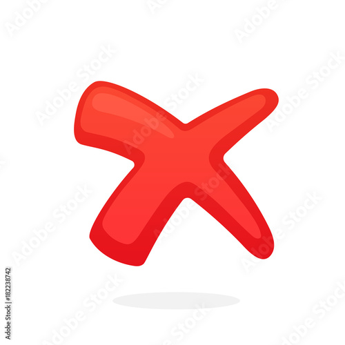 Vector illustration in flat style. Red cross check mark for indicate wrong choice. Symbol of incorrect or wrong choice. Vote and not accept button. Isolated on white background