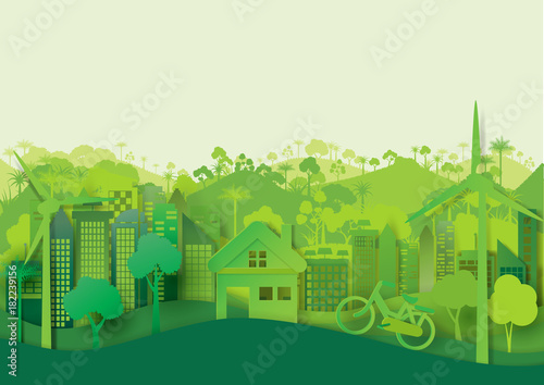 Green eco cityscape abstract paper cut background.Paper art style of nature and environment concept design.Vector illustration.
