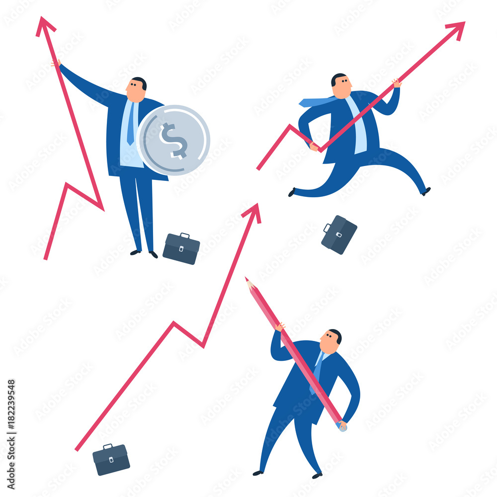 The business improve and growth concept. Businessman with red increasing graph arrow. Success flat vector illustration of man drawing an increase arrow, running with graph and protecting business.