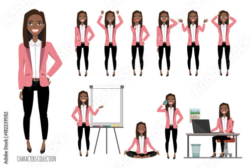 Set of emotions for black african american business woman.