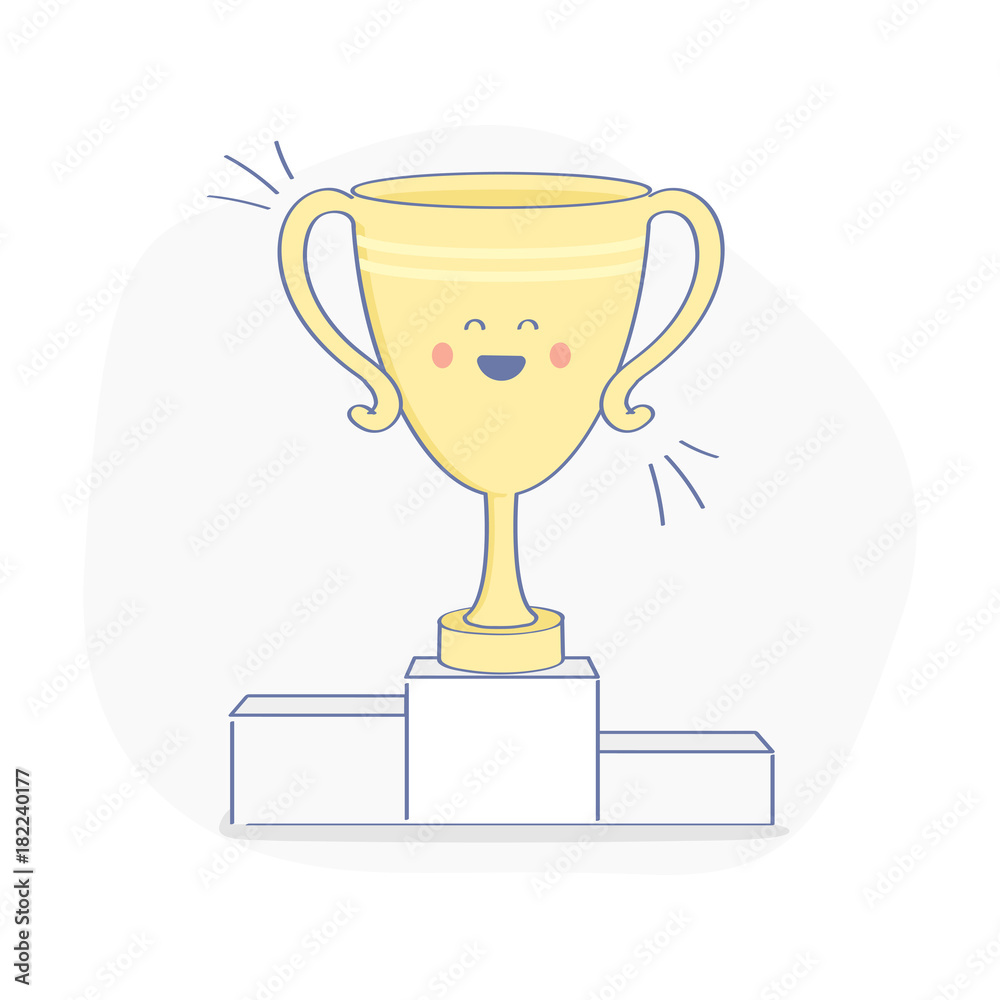Gold trophy cup, prize on winners podium. Championship, victory, achievement, success icon concept. Flat outline vector illustration. Gold trophy cup, prize on winners podium. Championship, victory, achievement, success icon concept. Flat outline vector illustration.