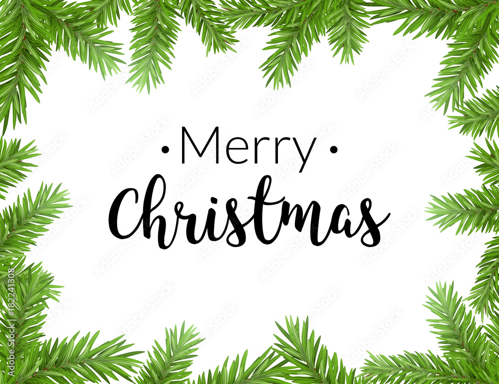 Realistic christmas frame with fir. Merry christmas pine tree decoration border card