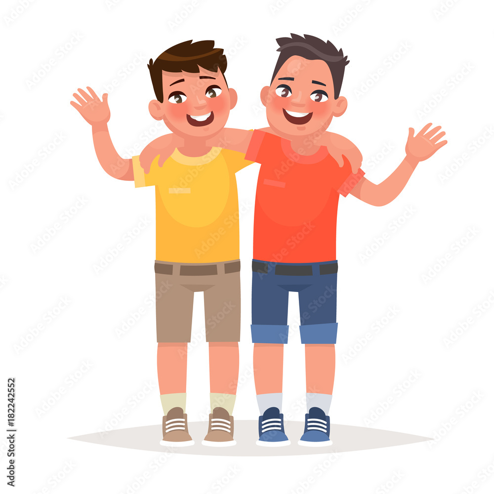 Two boys hugged and waved hands. Best friends. Vector illustration in  cartoon style Stock Vector | Adobe Stock