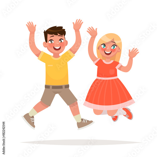 Happy boy and girl are jumping. Happy event. Vector illustration in a cartoon style