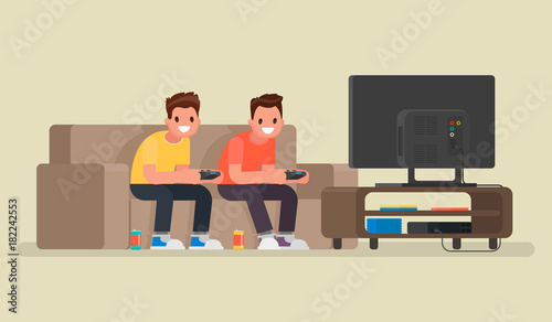 Two guys play video games on the game console. Vector illustration in a flat style