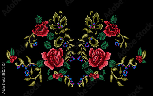 Embroidery floral neckline pattern with rowan berries and roses. Vector embroidered traditional design with flowers for fashion wearing.