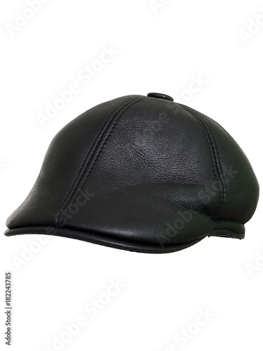 Black leather beret flat-crowned hat isolated over the white background
