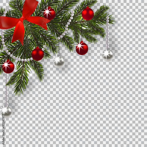 New Year Christmas. A green branch of a Christmas tree with toys with a shadow. Corner drawing. Blue onions, silver and red balls on a checkered background. illustration