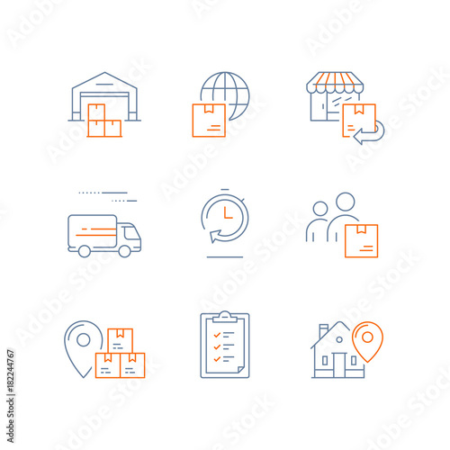 Distribution warehouse, fast delivery, supply chain, global shipping, order return, logistics company, send parcel, receive box