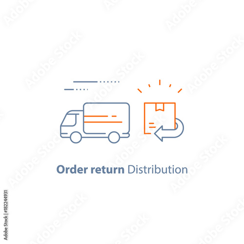 Send parcel, receive box, return back order, distribution services, fast delivery truck, logistics company, vector line icon