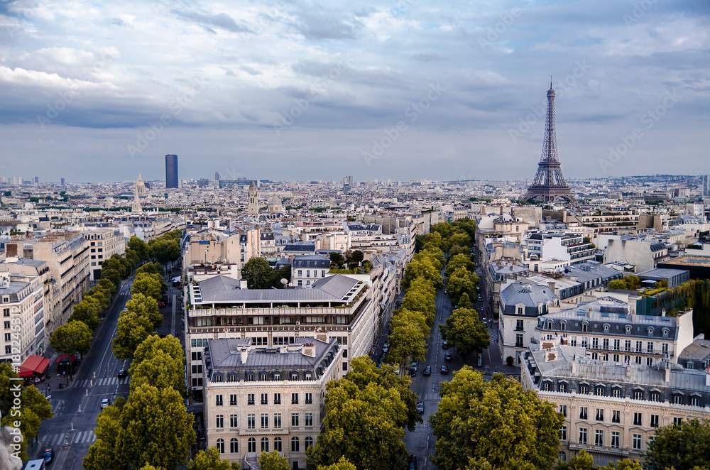 View of Paris from the Arc de Triomphe with the two towers in the background. Paris, France