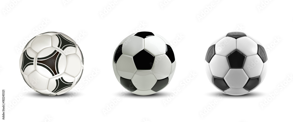 Vector soccer ball set. Tree Realistic soccer balls or football balls on white background - obrazy, fototapety, plakaty 