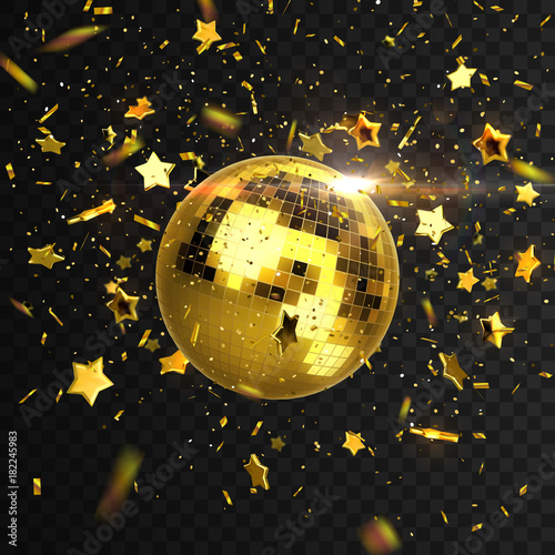 Golden mirror discoball with confetti particles and stars