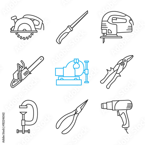 Construction tools linear icons set
