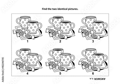 IQ training find the two identical pictures with tea cups and candy visual puzzle and coloring page. Answer included.
