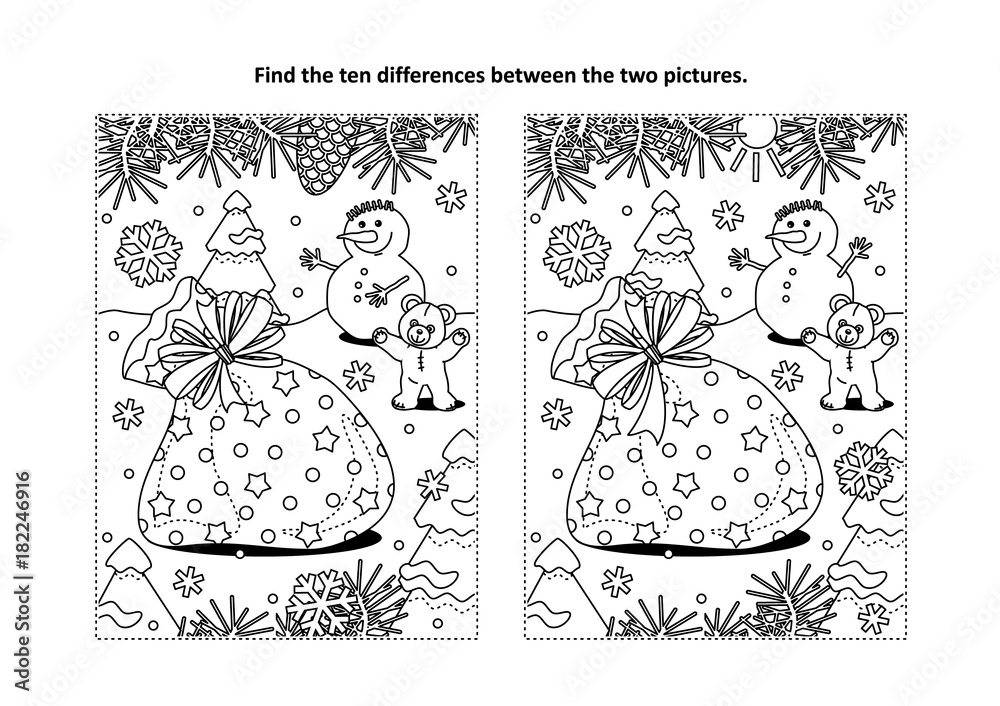 Winter holidays themed find the ten differences picture puzzle and ...