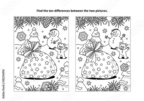 Winter holidays themed find the ten differences picture puzzle and coloring page with Santa's sack, teddy bear, snowman.
