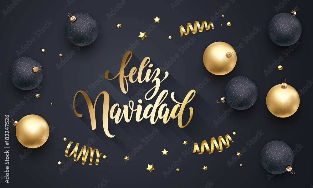 Fototapeta premium Feliz Navidad Spanish Merry Christmas golden decoration, calligraphy gold font for greeting card black background design. Vector Christmas, New Year holiday shiny star confetti star golden decoration