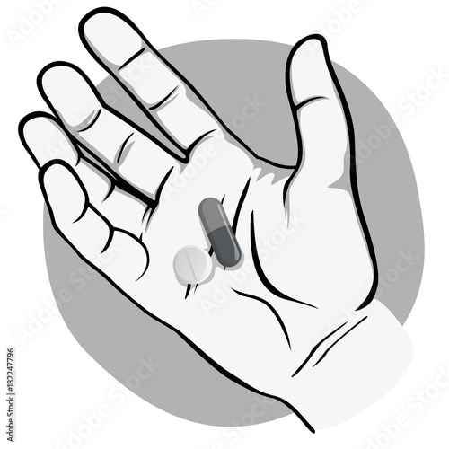 Illustration represents an open human hand with medicines on the palm the sample, black and white. Ideal for catalogs of institutional and medical material