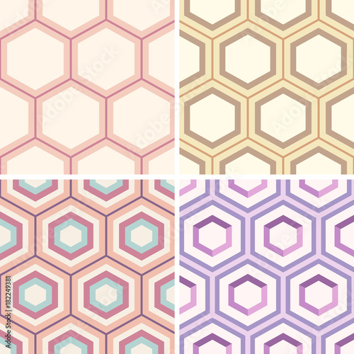 Seamless geometric abstract patterns of colorful hexagons.