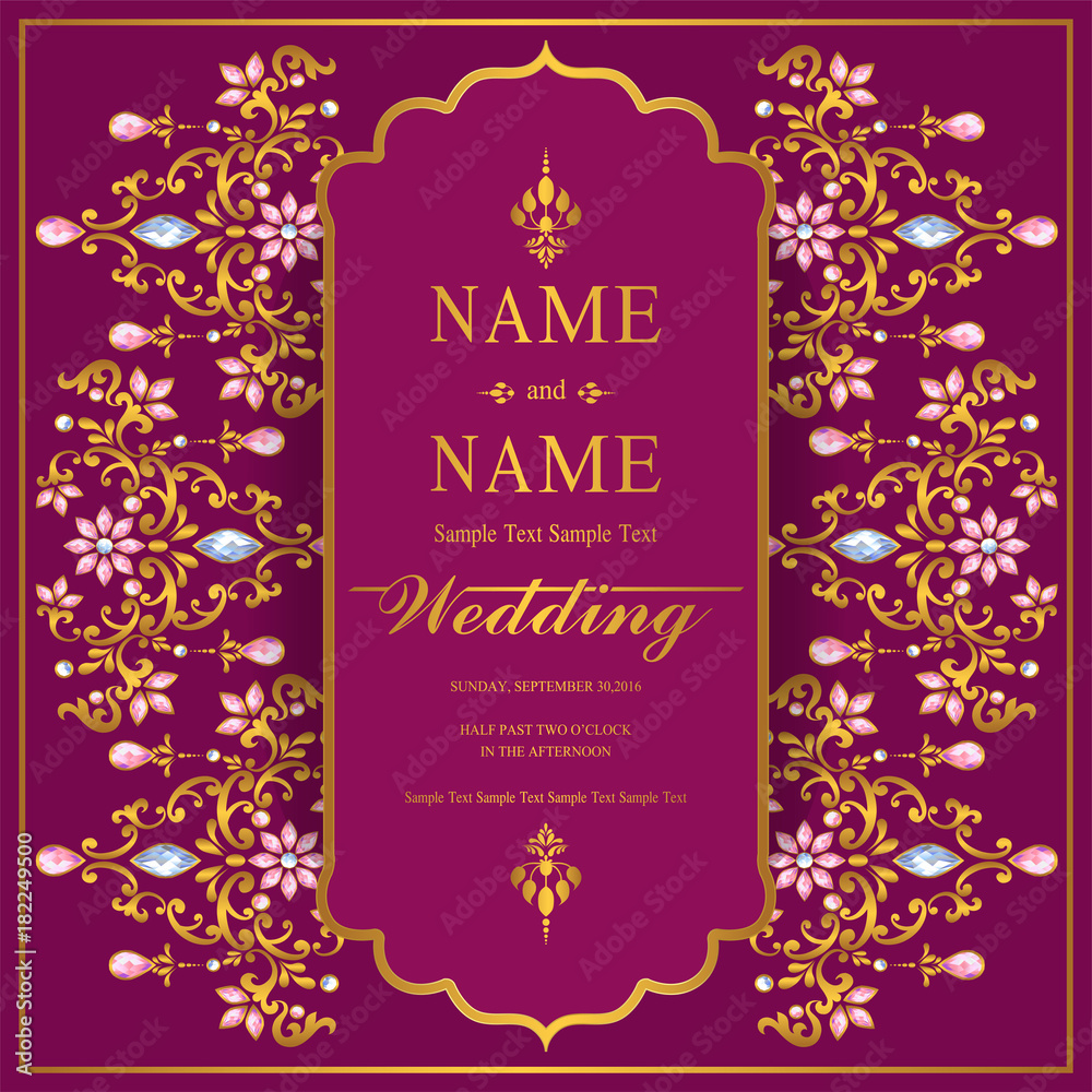 Wedding Invitation card templates with gold patterned and crystals on background color. Wedding Invitation card templates with gold patterned and crystals on background color.