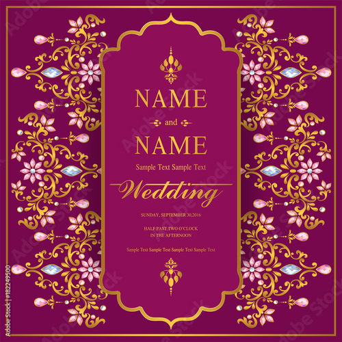 Wedding Invitation card templates with gold patterned and crystals on background color. 